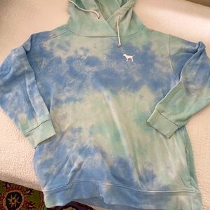 Pink hoodie, pale, blue and pale, green tie-dye